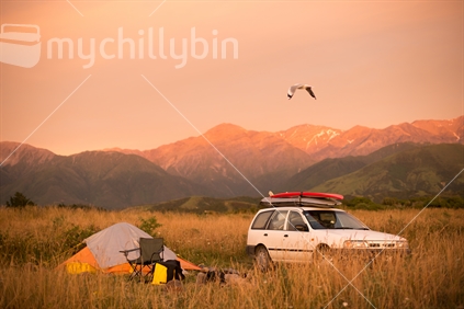freedom campers campsite at sunrise on the Kaikoura Coast