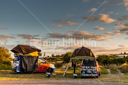 Wicked Vans freedom camping at lake Taupo at sunrise
