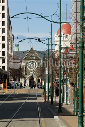 View down Worcester street boulevard to the Cathedral entrance in the Square, Christchurch