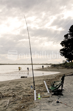 Fisherman''s setup at river mouth.