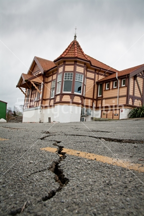 The public information centre and historic railway station building in Kaiapoi is now on a lean and the earth has many cracks around it, after the 2010 Christchurch earthquake. New Zealand