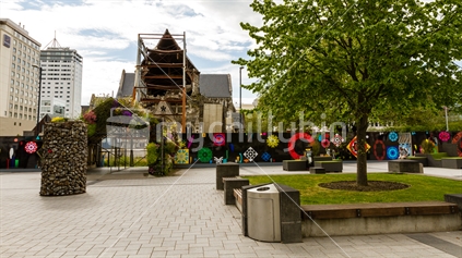 Spring (2014) in Cathedral Square, Christchurch. Decorated for Spring the Square is looking presentable.