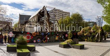 Spring (2014) in Cathedral Square, Christchurch. Decorated for Spring the Square is looking presentable. (panorama)