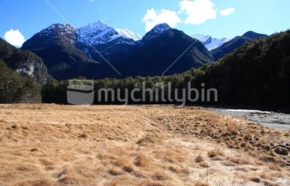 View up valley to mountains at start of Routeburn track in Glenorchy