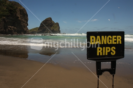 Piha Beach with "Danger Rip" sign, New Zealand