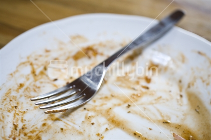 A fork resting on a finished plate of food 