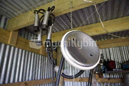 Milking equipment hanging in a shed