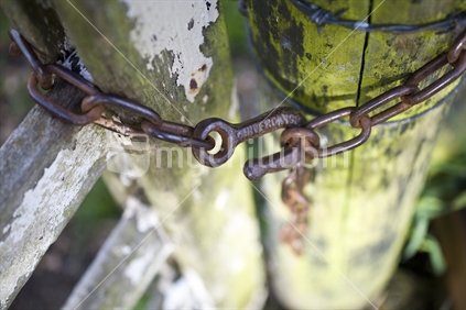 A metal link chain holding a wooden gate closed