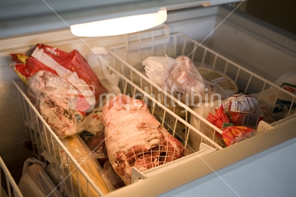 Deep freezer full of frozen meat and food
