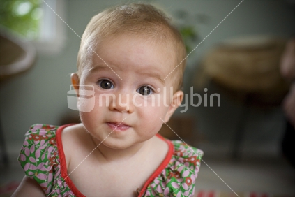 A cute little baby girl with an inquisitive look