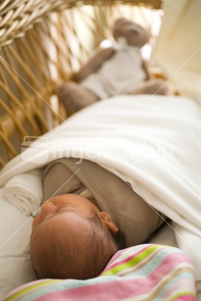 A week old baby sleeping in her basket bassinet