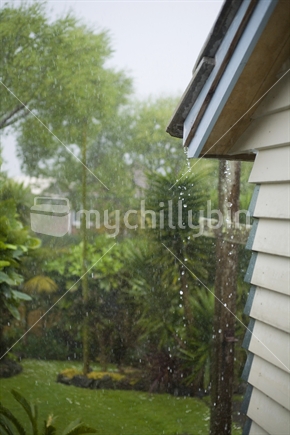 Pouring rain in a suburban backyard