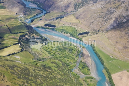 Flying over the Shotover river in the Queenstown Basin, New Zealand