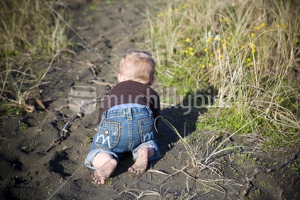A young blonde child crawling away on the black sands of Piha beach, New Zealand