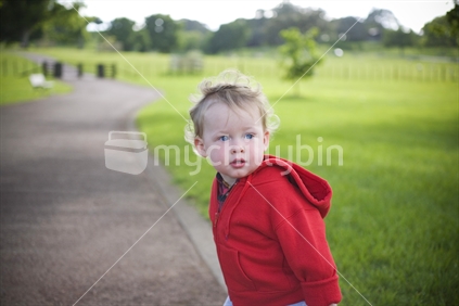 A young blonde boy in a red sweatshirt standing on a path in the local park