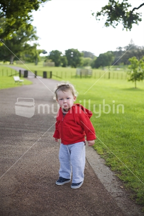 A young blonde boy in a red sweatshirt standing on a park path