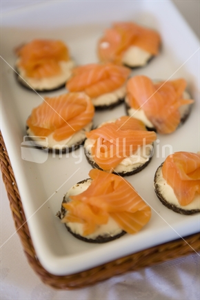 An antipasto dish of salmon nibbles