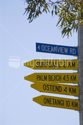 Street signs in Oneroa, Waiheke island, New Zealand