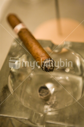 Smoking cigar resting on an ashtray