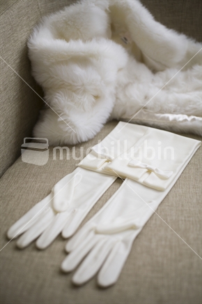 Ladys white glove and fur stole