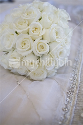 Bouquet of white roses on a white sari