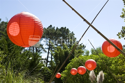 Red Chinese lanterns decorate a function in native bush on a sunny day