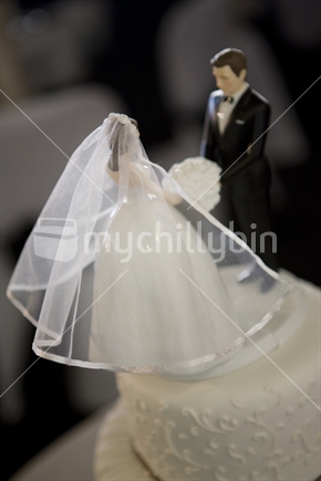 Bride & groom decorative dolls on top of a wedding cake