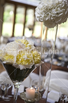 Tall vases of peonies & hydrangeas at a well decorated function