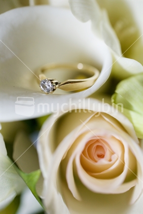 Engagement ring inside a bouquet of lilies and roses
