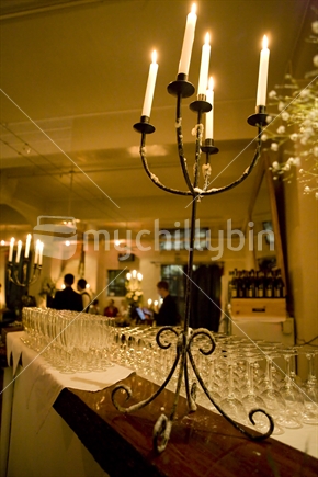 Wedding reception with candles and glasses