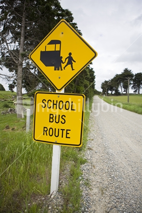 School bus sign on a country road
