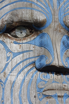 Closeup of Maori carving showing face of Tangaroa.