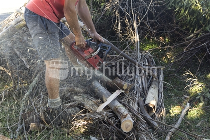Sawing a fallen tree with a chainsaw.    [OSH would recommend the use of Chaps too (special leg protection) that takes the blade away from the flesh - thanks to a previous OSH employee for pointing this out - the chillys ]