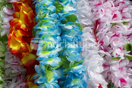 Contemporary version of Pacific Island flower lei, at a market stall. 