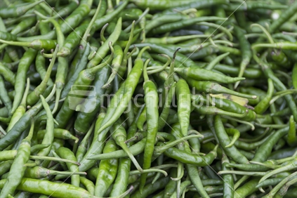 A pile of fresh green chillies for sale.