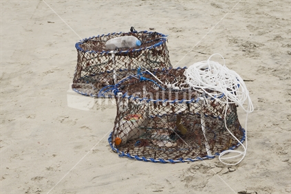 Crab pots, baited with chicken carcass.