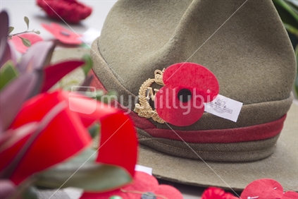 Red poppy and soldiers hat, icons of ANZAC day commemorations.  Badge includes the word Onward. 