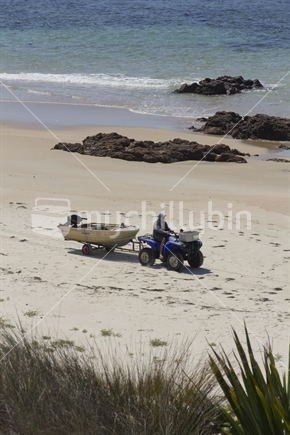 Going home after fishing. A man drives his quad bike and trailer with small boat on the back along a Northland beach.