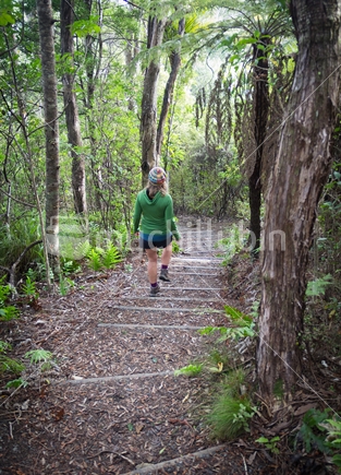 Woman hiking in the bush, walking down stairs, away from the camera.
