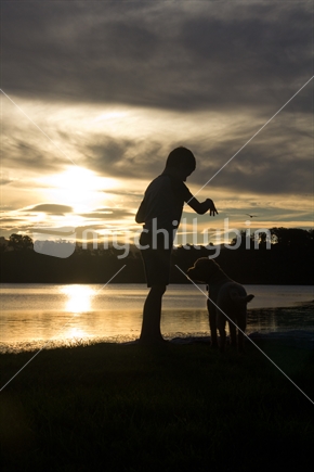 Boy playing with dog at sunset at the beach.