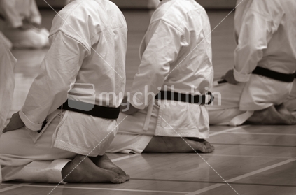 Karate-Do students sit in a row, monochrome image