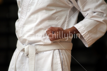 White belt Karate student in typical fighting stance