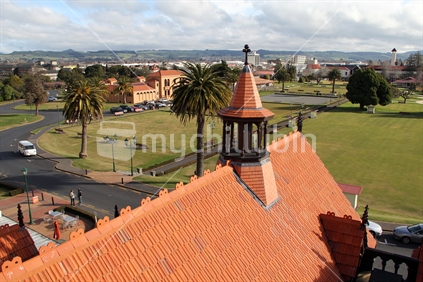 View of Rotorua's central garden with Rimutaka range in the distance. 