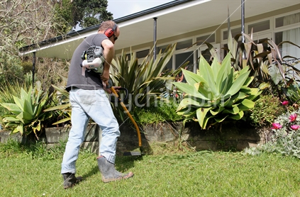 A man works in his garden, trimming weeds with a power tool.