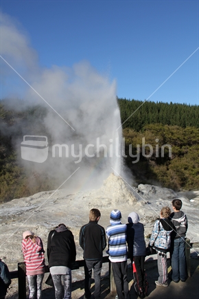 Tourists stand watching the Lady Knox geyser at Waiotapu, a popular tourist attraction near Rotorua. 