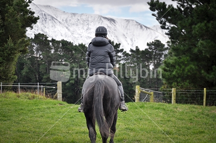 Woman rides a horse in winter (selective focus and some motion blur)