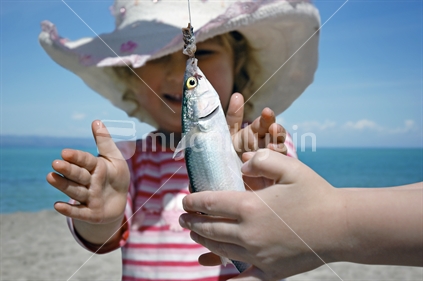 A little girl helps catch a little fish