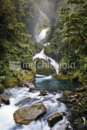 A waterfall and stream cut through perfect native bush on the Milford Track, Fiordland, South Island, New Zealand