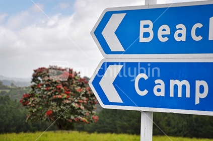 Beach and camping road signs