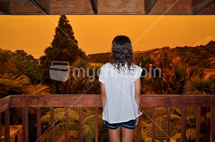 Looking out from the deck at the orange sky - a result of bushfires in Australia